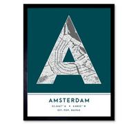 Wee Blue Coo Framed Wall Art Amsterdam Netherlands City Map Modern Typography Stylish Letter Word - 12X16 Inch