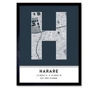 Wee Blue Coo Framed Wall Art Harare Zimbabwe City Map Modern Typography Stylish Letter Word - 12X16 Inch