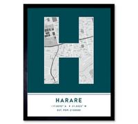 Wee Blue Coo Framed Wall Art Harare Zimbabwe City Map Modern Typography Stylish Letter Word - 12X16 Inch