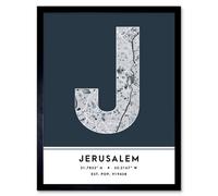 Wee Blue Coo Framed Wall Art Jerusalem City Map Modern Typography Stylish Letter Word - 12X16 Inch
