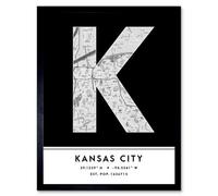 Wee Blue Coo Framed Wall Art Kansas City Missouri United States City Map Modern Typography Stylish Letter Word - 12X16 Inch