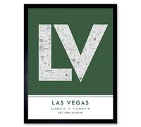 Wee Blue Coo Framed Wall Art Las Vegas Nevada United States City Map Modern Typography Stylish Letter Word - 12X16 Inch