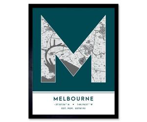 Wee Blue Coo Framed Wall Art Melbourne Australia City Map Modern Typography Stylish Letter Word - 12X16 Inch