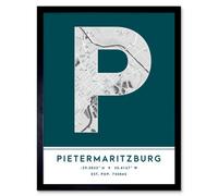 Wee Blue Coo Framed Wall Art Pietermaritzburg South Africa City Map Modern Typography Stylish Letter Word - 12X16 Inch