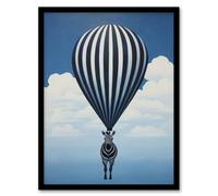 Wee Blue Coo Framed Wall Art Surreal And Stripes Zebra Balloon Adventures Over The Clouds Blue Black White Oil Painting - 12X16 Inch