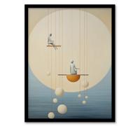 Wee Blue Coo Framed Wall Art The Night Shift Hanging The Moon And Stars Pastel Colour Tan Blue Conceptual Oil Painting - 12X16 Inch