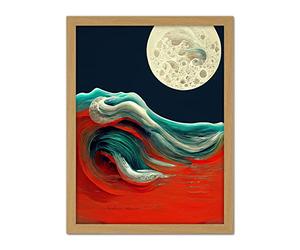 Wee Blue Coo Full Moon on Red Ocean Waves Swirl Abstract Painting Artwork Framed Wall Art Print 18X24 Inch