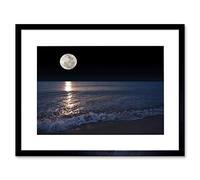 Wee Blue Coo Full Moon Sea Tide Beach Night Art Picture Framed Wall Art Print