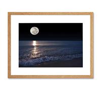 Wee Blue Coo Full Moon Sea Tide Beach Night Art Picture Framed Wall Art Print