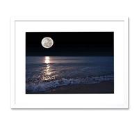Wee Blue Coo Full Moon Sea Tide Beach Night Photo Framed Wall Art Print