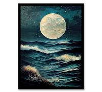 Wee Blue Coo Full Moon Seascape Oil Painting Moonlit Sea with Restless Waves Artwork Framed Wall Art Print A4