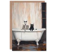 Wee Blue Coo Fun Funny Black Cat and Skeleton Trick or Treat Haunted Scary Halloween Card Blank For All