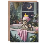 Wee Blue Coo Fun Funny Skeleton Bath Time Duck Trick or Treat Haunted Scary Halloween Card Blank For All