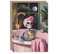 Wee Blue Coo Fun Funny Skeleton Bath Time Moon Trick or Treat Haunted Scary Halloween Card Blank For All