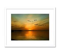 Wee Blue Coo Geese Bird Formation Sunset Lake Art Picture Framed Wall Art Print