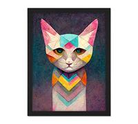 Wee Blue Coo Geometric Colourful Multicoloured Pastel Cat Painting Artwork Framed Wall Art Print 18X24 Inch