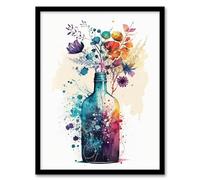 Wee Blue Coo Gin Bottle Flowers Watercolour Painting Blue Purple Orange Spring Flower Blooms Artwork Framed Wall Art Print A4