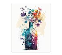 Wee Blue Coo Gin Bottle Flowers Watercolour Painting Blue Purple Orange Spring Flower Blooms Unframed Wall Art Print Poster Home Decor Premium