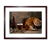 Wee Blue Coo GINGER CAT FISH AND BEER LAGER BLACK FRAME FRAMED ART PRINT PICTURE B12X9486