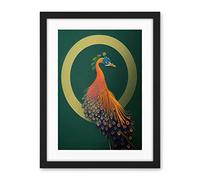 Wee Blue Coo Glamorous Stylish Chic Modern Peacock Illustration Green Gold Orange Artwork Framed Wall Art Print 18X24 Inch