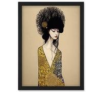 Wee Blue Coo Golden Geisha Girl Abstract Elegant Painting Artwork Framed Wall Art Print A4