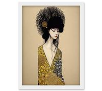 Wee Blue Coo Golden Geisha Girl Abstract Elegant Painting Artwork Framed Wall Art Print A4