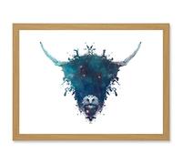 Graphic Ink Splat Highland Cow Coo Scotland A4 Artwork Framed Wall Art Print Artery8 Light Oak One Size