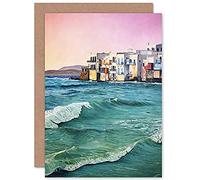 Wee Blue Coo Greece By The Sea Painting Greeting Card With Envelope Inside Premium Quality