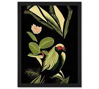 Wee Blue Coo Green Black Modern Vintage Tropical Plant Leaves with Bird Artwork Framed A3 Wall Art Print