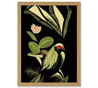 Wee Blue Coo Green Black Modern Vintage Tropical Plant Leaves with Bird Artwork Framed A3 Wall Art Print