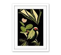 Wee Blue Coo Green Black Modern Vintage Tropical Plant Leaves With Bird Artwork Framed Wall Art Print 18X24 Inch