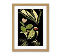 Wee Blue Coo Green Black Modern Vintage Tropical Plant Leaves With Bird Artwork Framed Wall Art Print 18X24 Inch