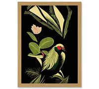 Wee Blue Coo Green Black Modern Vintage Tropical Plant Leaves with Bird Artwork Framed Wall Art Print A4