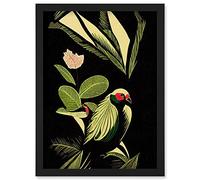 Wee Blue Coo Green Black Modern Vintage Tropical Plant Leaves with Bird Artwork Framed Wall Art Print A4
