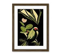 Wee Blue Coo Green Black Modern Vintage Tropical Plant Leaves With Bird Artwork Framed Wall Art Print 18X24 Inch