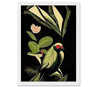 Wee Blue Coo Green Black Modern Vintage Tropical Plant Leaves with Bird Artwork Framed Wall Art Print A4
