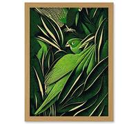 Wee Blue Coo Green Modern Vintage Retro Abstract Jungle Tropical Leaves Parrots Illustration Artwork Framed A3 Wall Art Print