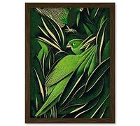 Wee Blue Coo Green Modern Vintage Retro Abstract Jungle Tropical Leaves Parrots Illustration Artwork Framed A3 Wall Art Print