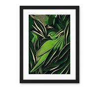 Wee Blue Coo Green Modern Vintage Retro Abstract Jungle Tropical Leaves Parrots Illustration Artwork Framed Wall Art Print 18X24 Inch