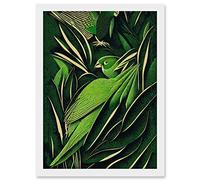 Wee Blue Coo Green Modern Vintage Retro Abstract Jungle Tropical Leaves Parrots Illustration Artwork Framed A3 Wall Art Print