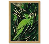 Wee Blue Coo Green Modern Vintage Retro Abstract Jungle Tropical Leaves Parrots Illustration Artwork Framed Wall Art Print A4