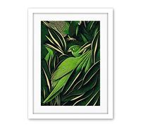 Wee Blue Coo Green Modern Vintage Retro Abstract Jungle Tropical Leaves Parrots Illustration Artwork Framed Wall Art Print 18X24 Inch