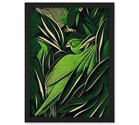 Wee Blue Coo Green Modern Vintage Retro Abstract Jungle Tropical Leaves Parrots Illustration Artwork Framed A3 Wall Art Print