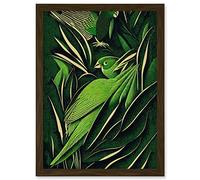 Wee Blue Coo Green Modern Vintage Retro Abstract Jungle Tropical Leaves Parrots Illustration Artwork Framed Wall Art Print A4