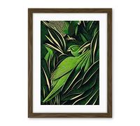 Wee Blue Coo Green Modern Vintage Retro Abstract Jungle Tropical Leaves Parrots Illustration Artwork Framed Wall Art Print 18X24 Inch