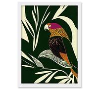 Wee Blue Coo Green Orange Pink Cream Modern Vintage Tropical Plant Leaves with Bird Artwork Framed A3 Wall Art Print