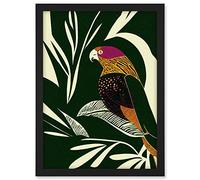 Wee Blue Coo Green Orange Pink Cream Modern Vintage Tropical Plant Leaves with Bird Artwork Framed A3 Wall Art Print