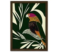 Wee Blue Coo Green Orange Pink Cream Modern Vintage Tropical Plant Leaves with Bird Artwork Framed A3 Wall Art Print