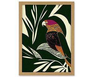 Wee Blue Coo Green Orange Pink Cream Modern Vintage Tropical Plant Leaves with Bird Artwork Framed A3 Wall Art Print
