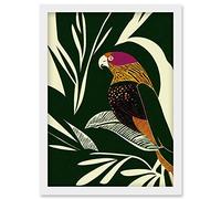 Wee Blue Coo Green Orange Pink Cream Modern Vintage Tropical Plant Leaves with Bird Artwork Framed Wall Art Print A4